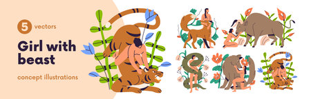 Woman and animal in wild nature set, psychology shadow concept. Love and friendship between human and wildlife. Girl taming inner beast. Flat graphic vector illustrations isolated on white backgroundのイラスト素材