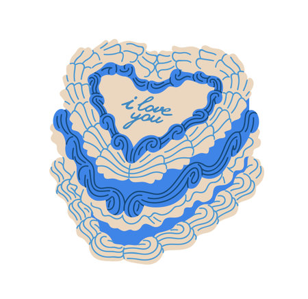 Vintage coquette cake, heart dessert. Ornate confectionery, blue creamy pastry with Love you text....
