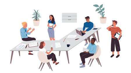 Collection of business people working in office. Workers solve problems. They drink coffee, discuss complex issues, talk on the phone with partners. Different races and nationalities. Flat. Cartoonのイラスト素材