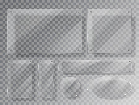 Set of realistic Glass plate of different shapes on transparent background. Acrylic and glass texture with glares and light. Realistic glass window or frame. Vector Illustration 10 EPS Isolatedのイラスト素材