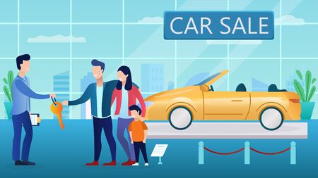 Young couple buy a car in the salon. Interior of the showroom. The seller hands over the car keys. Car leasing. Car on loan. New car for the family. Yellow cabriolet. Flat Cartoon Vector Illustrationのイラスト素材