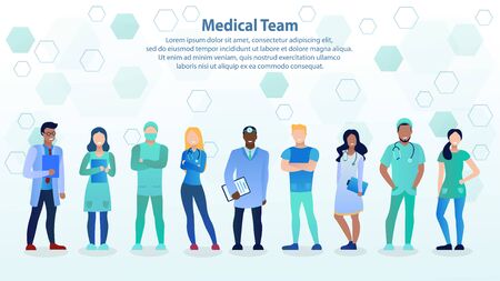 International team of professional doctors. olleague. Doctor, Surgeon, Otolaryngologist, Nurse, Dentist, Professor. Medical staff concept. Design People Characters. Flat Cartoon Vector Illustrationのイラスト素材