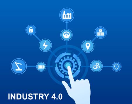 Infographics Industry 4.0 Concept. Modern approaches and technologies. Internet of Things. Instruments in production Cyber factory on blue background Artificial Neural Network Flat Vector Illustrationのイラスト素材