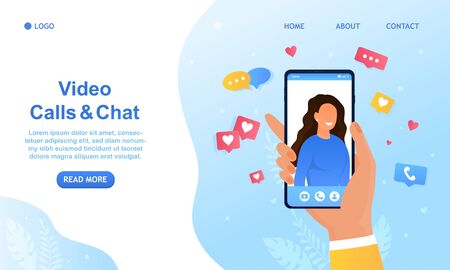 Video call with a girl. Hand holds a smartphone with a pretty girl on the screen. Digital communication technologies. Perfect for landing, web design, banner. Easy to edit and customize. Flat Vectorのイラスト素材