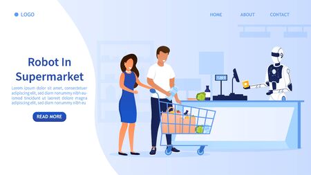 Futuristic robot salesman in a supermarket. Young attractive couple buys food. Robot assistant serves at the checkout. Artificial Intelligence Technology Perfect for landing or web Vector Illustrationのイラスト素材