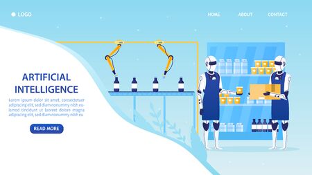 Automatic Robotic Claw Conveyor Dairy Product. Robotic arm works on the line. Robots milkmen pack products. Manufacture storage equipment. Futuristic Artificial Intelligence Technology. Flat Vectorのイラスト素材