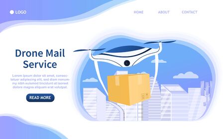 Drone delivery concept. Contactless delivery of products. Catering Service. Air delivery. Modern technology. Perfect for landing, banner, header or web design. Flat Vector Illustration.のイラスト素材