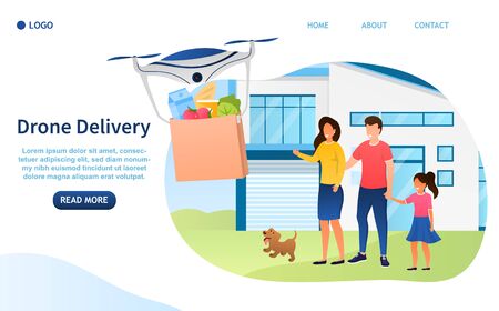Drone delivery concept. A young attractive family is standing near his house and waiting for a parcel from a drone. Drone package delivery. Modern technology Ordering products Flat Vector Illustrationのイラスト素材