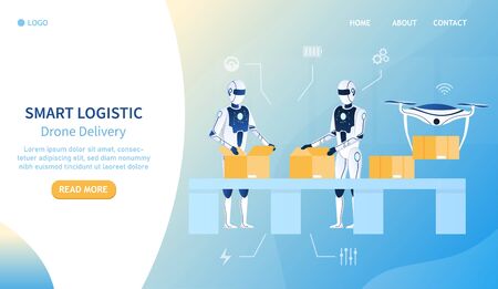 Automatic delivery service concept. Workers pack parcels. Drones are taken away for the customer. Logistics department of the delivery service. Artificial intelligence on the assembly line Flat Vectorのイラスト素材