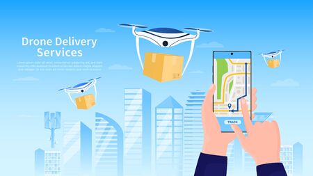 Drone delivery service concept. Hand holds a smartphone on the screen watching the delivery tracking. Fast and convenient transportation. Perfect for landing web design or application. Flat Vectorのイラスト素材