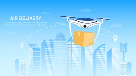 Drone delivery concept. Contactless delivery of products. Catering Service. Air delivery. Modern technology. Perfect for landing, banner, header or web design. Flat Vector Illustration.のイラスト素材