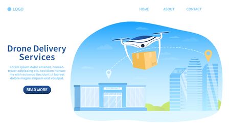Drone delivery concept. Contactless delivery of products. Catering Service. Air delivery. Modern technology. Perfect for landing, banner, header or web design. Flat Vector Illustration.のイラスト素材
