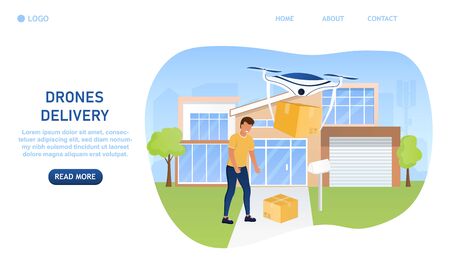Contactless product delivery. The drone left a box in the yard, the man picks up the parcel. Safe and fast air delivery concept.のイラスト素材