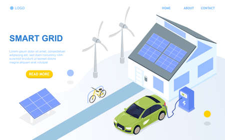 Smart grid isometric design concept. Smart detached house, renewable energy, solar panels, windmills, bio-fuel, electric bicycle. Perfect for landing page or web design. Isometric Vector Illustration.のイラスト素材