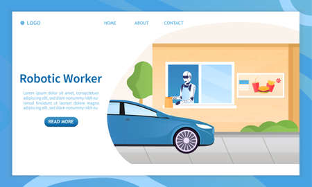 Robot worker in a fast food restaurant concept. Automated service in the restaurant industry. The robot gives the order through the window. A humanoid robot in a restaurant. Flat Vector Illustrationのイラスト素材