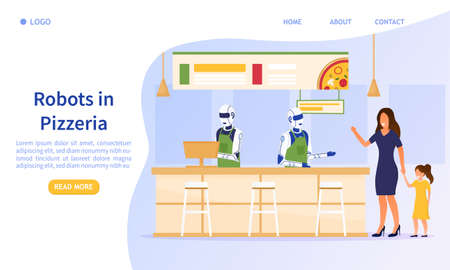 Automated service in the pizzeria. The humanoid robot takes orders and counts customers in the cafe. Modern technologies in the service sector Perfect for landing, web Flat Vector Illustrationのイラスト素材