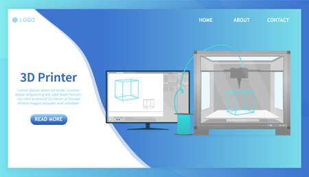 The principle of operation of the 3D printer concept. Printer printing a cyan plastic cube from computer. Management is carried out through the program on the computer. Flat Vector Illustrationのイラスト素材