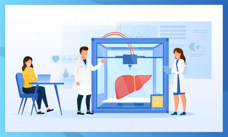 Bioprinter concept. Scientists reproduce human liver on a 3D printer. Bioengineering. Futuristic medicine. Medical printer. Perfect for landing page, web design, banner, header or mobile app. Vectorのイラスト素材