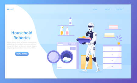 The robot in the laundry room puts dirty clothes in the washing machine. Artificial intelligence in the household. Housekeeping artificial intelligence Perfect for landing page, web design Flat Vectorのイラスト素材