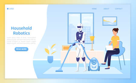 A robot in a living room vacuuming while a girl is working on a laptop. Artificial intelligence in the household. Housekeeping artificial intelligence. Perfect for landing page, web design Flat Vectorのイラスト素材