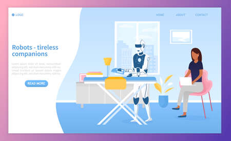 The robot in the living room is ironing while the girl is working on a laptop. Artificial intelligence in the household. Housekeeping artificial intelligence. Perfect for landing page, web Flat Vectorのイラスト素材