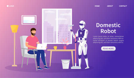 Domestic robot is going to wash the window while a man is working on a laptop. Artificial intelligence in the household. Housekeeping artificial intelligence. Perfect for landing page, web Flat Vectorのイラスト素材