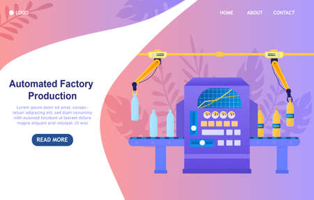 Automatic packing soda concept. Production and packaging of soda at the factory. The bottles are moved on a conveyor belt and filled with a carbonate drink in the machine. Flat Vector Illustrationのイラスト素材