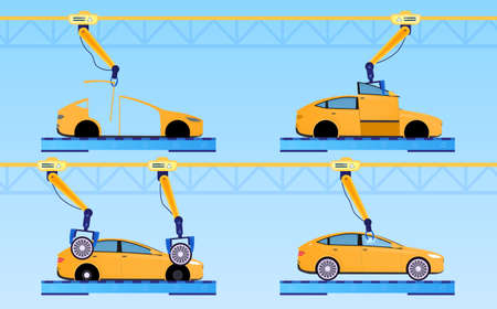 Car Factory Concept. Automatic line assembly car. Conveyor production. Automatic factory. Car production. Robotic arm. Industry 4.0. Perfect for web design or landing page. Flat Vector Illustration.のイラスト素材