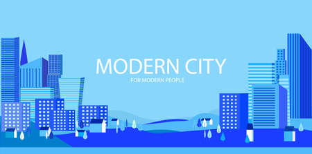 City silhouette and suburb in blue. Heights, trees, workers homes and office buildings. City between two hills. With space for text. Vector illustration of flat style. Can be banner, header, brochureのイラスト素材