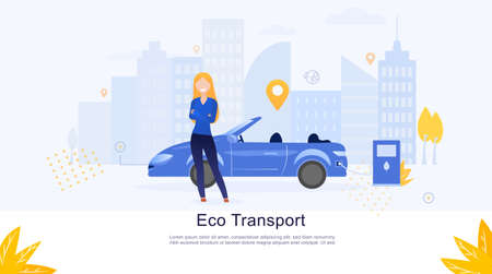 Illustration for electric vehicle charging service. Hybrid car at the charging station. Young beautiful girl charges the car. City scape. Web banner or landing page template. Flat Vector Illustrationのイラスト素材