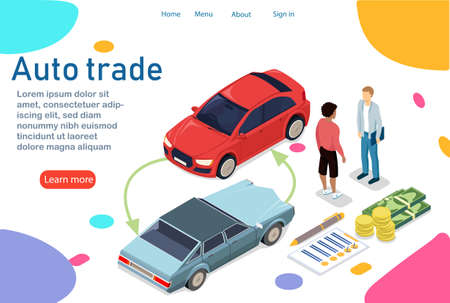 The customer buys a new car. Changes your old car to a new one with a small extra charge. Business relationship between car owner and dealer. Also payment in parts. Vector illustration in 3d isometryのイラスト素材