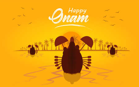 Background Onam festival of South India Kerala. Boat race. On a yellow background, with silhouettes of palm trees and birds. Advertisement banner, header or sticker with place for text.のイラスト素材