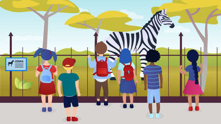 Group of kids watching giraffe at a zoo excursion. School or kindergarten students on filed trip.のイラスト素材