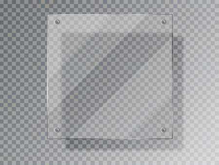 Realistic Glass plate of square shape on transparent background. Acrylic and glass texture with glares and light. Realistic glass window or frame. Vector Illustration 10 EPS Isolatedのイラスト素材