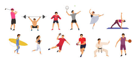 Collection sport people on a white background. Concept, tennis, yoga, karate, basketball, rugby, handball, ballerine, goalkiper, surfing, jogging, gym. Flat cartoon Vector Illustration. Isolatedのイラスト素材