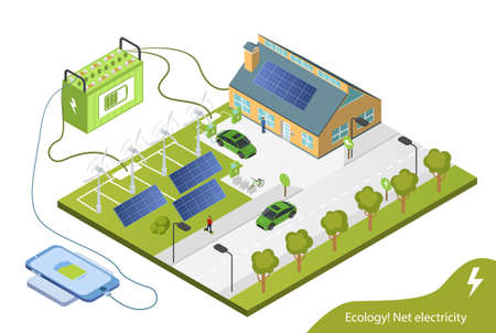 Alternative energy. Electric cars, bicycles. Power system through the energy of wind, sun. 3d isometric style platform. Lifestyle infographic concept vector. Can be a page for a site. Isolatedのイラスト素材