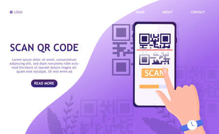 Scan QR code to phone. Mobile barcode reader, scanner in hand with pay receipt. Electronic digital payment with smartphone. Vector flat designのイラスト素材