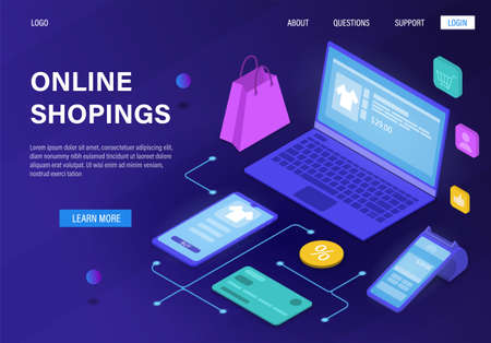 Online shopping concept banner. Flat isometric vector illustration.のイラスト素材