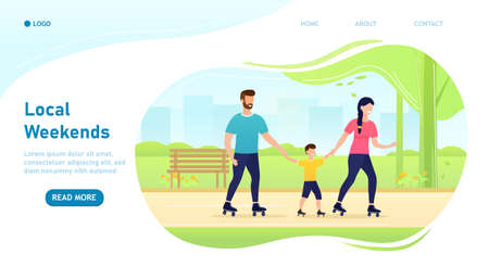 Happy Couple Walking in Park with Pram Landing Page. Family Walk with Baby Stroller and Newborn. Mother and Father Characters Spend Time Together Outdoor Website Banner. Vector cartoon illustrationのイラスト素材