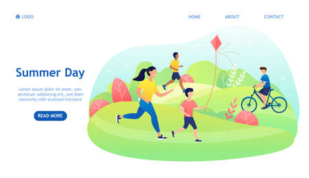 Family Day Outdoor Scenes Set with Parents and Children Joyful Cartoon Characters Spending Vacant Day Together, having Picnic and PLaying Active Games on Nature. Flat Vector Illustration Isolated.のイラスト素材