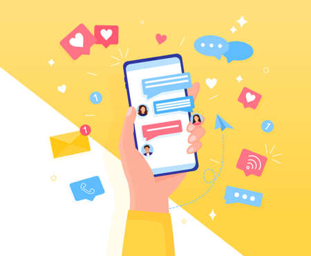 Hand holding phone with short messages, icons and emoticons. Chatting with friends and sending new messages. Colorful speech bubbles boxes on smartphone screen flat design vector illustration.のイラスト素材