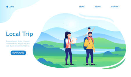 Happy active family walking outdoors. Couple of tourists with children hiking, carrying camping backpacks. Vector illustration for holiday, mountain trekking, activity, lifestyle conceptのイラスト素材