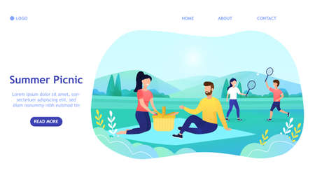 Happy Loving Family of Mother, Father, Daughter and Son on Picnic with Pet Outdoors, Little Boy Sitting on Mom Hands, People Relaxing Together in Park, Love, Relations Cartoon Flat Vector Illustrationのイラスト素材
