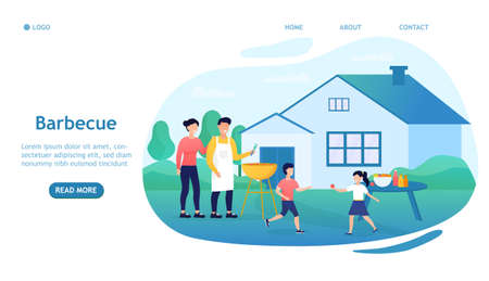Happy family doing barbecue at garden flat vector illustration. Mother and father cooking outdoor near house. Kids playing with dog at backyard. BBQ party and weekend conceptのイラスト素材