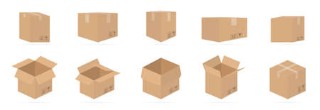 Carton delivery packaging open and closed box with fragile signs. Cardboard box mockup set.のイラスト素材