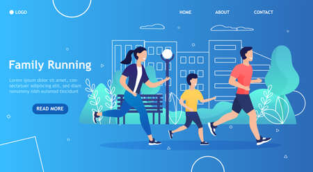 Happy Family on Jogging Banner Vector Illustration. Father, Mother, Daughter and Son are Running around in Park. Healthy Lifestyle. Sporty Characters. Exercising Parents and Children.のイラスト素材