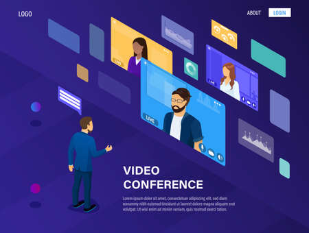 Illustrations flat design concept video conference. online meeting work form home. Vector illustrate.のイラスト素材