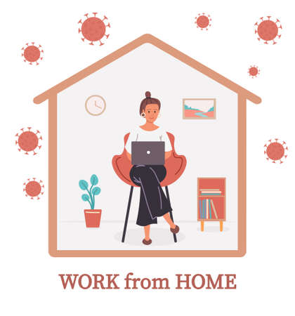 Concept of working from home in coronavirus time. The girl works remotely.のイラスト素材