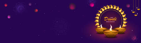 Banner for Diwali Festival. Purple tones, with realistically drawn oil lamps, fire and various symbols.のイラスト素材
