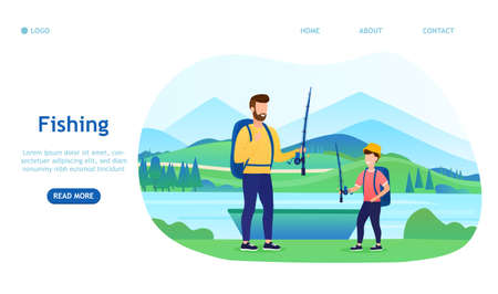 Father and son fishing. Sport, leisure, active lifestyle flat vector illustration. Outdoor activities concept for banner, website design, landing web pageのイラスト素材